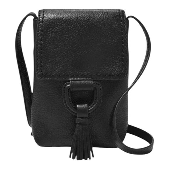 Fossil Bobbie Phone Crossbody Black Leather Bag With Tassel New - Picture 1 of 5